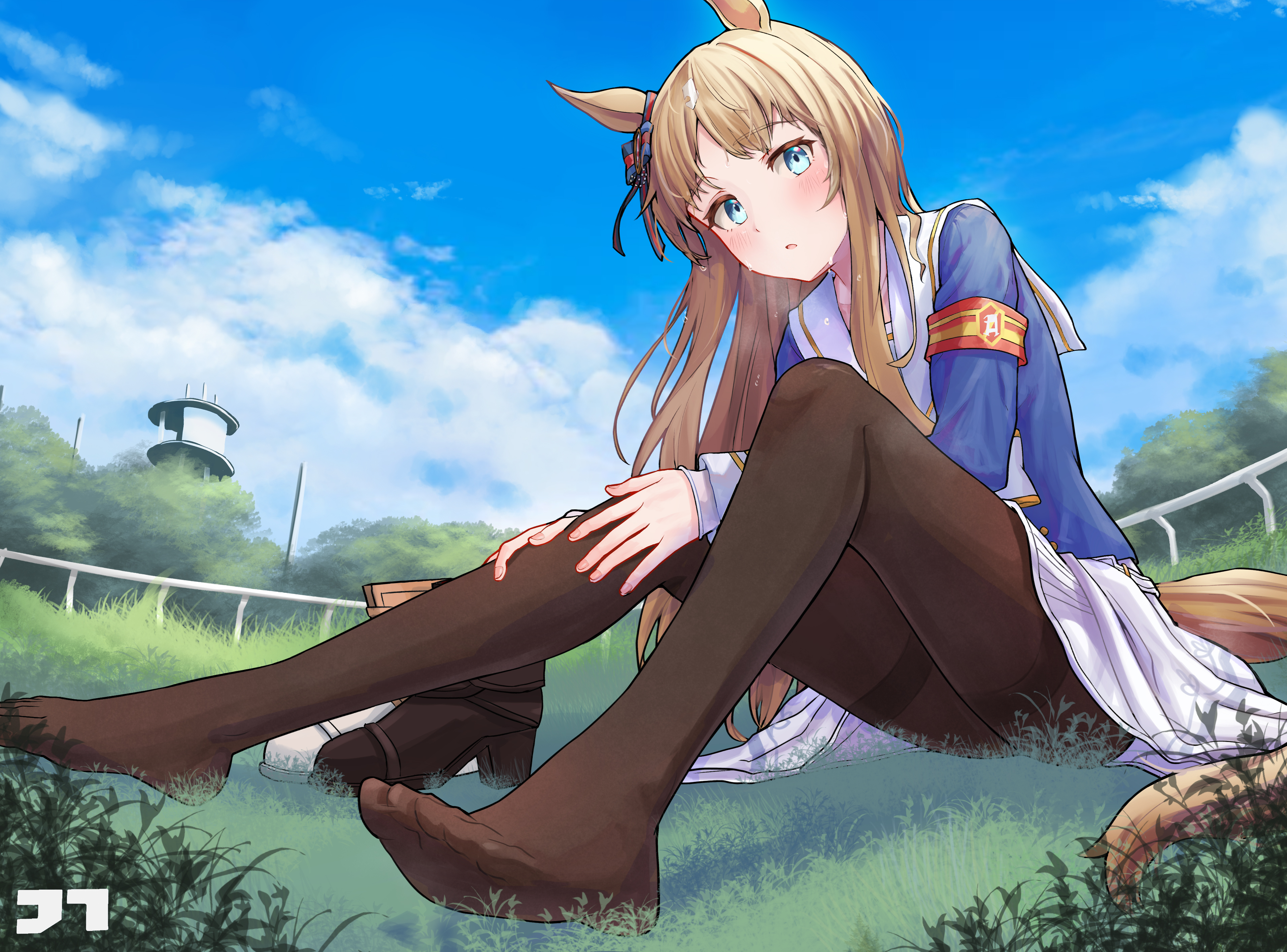 animal_ears, feet, grass_wonder_(umamusume), jtleeklm, pantyhose, skirt_lift, tail, uma_musume_pretty_derby, uniform, wet