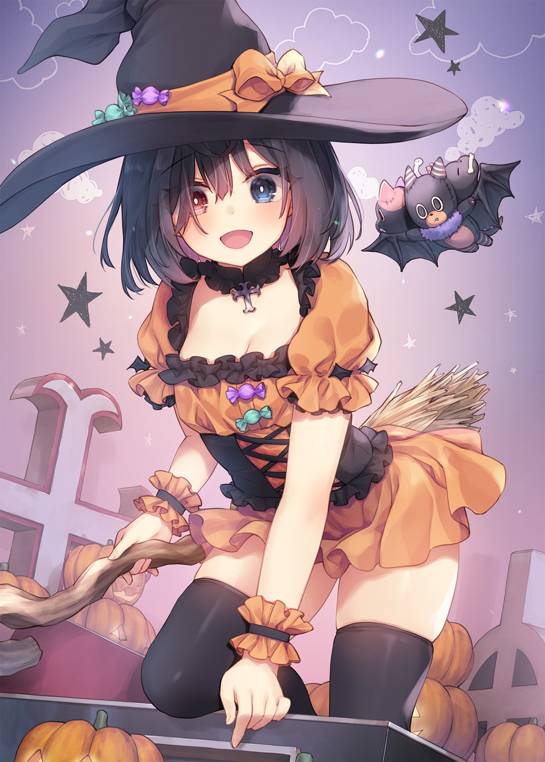 cleavage, dress, halloween, heterochromia, konomi, liar_liar, shiina_tsumugi, thighhighs, witch
