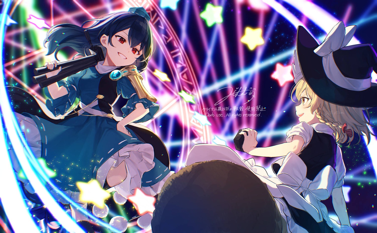 dress, iizunamaru_megumu, jill_07km, kirisame_marisa, touhou, watermark, witch