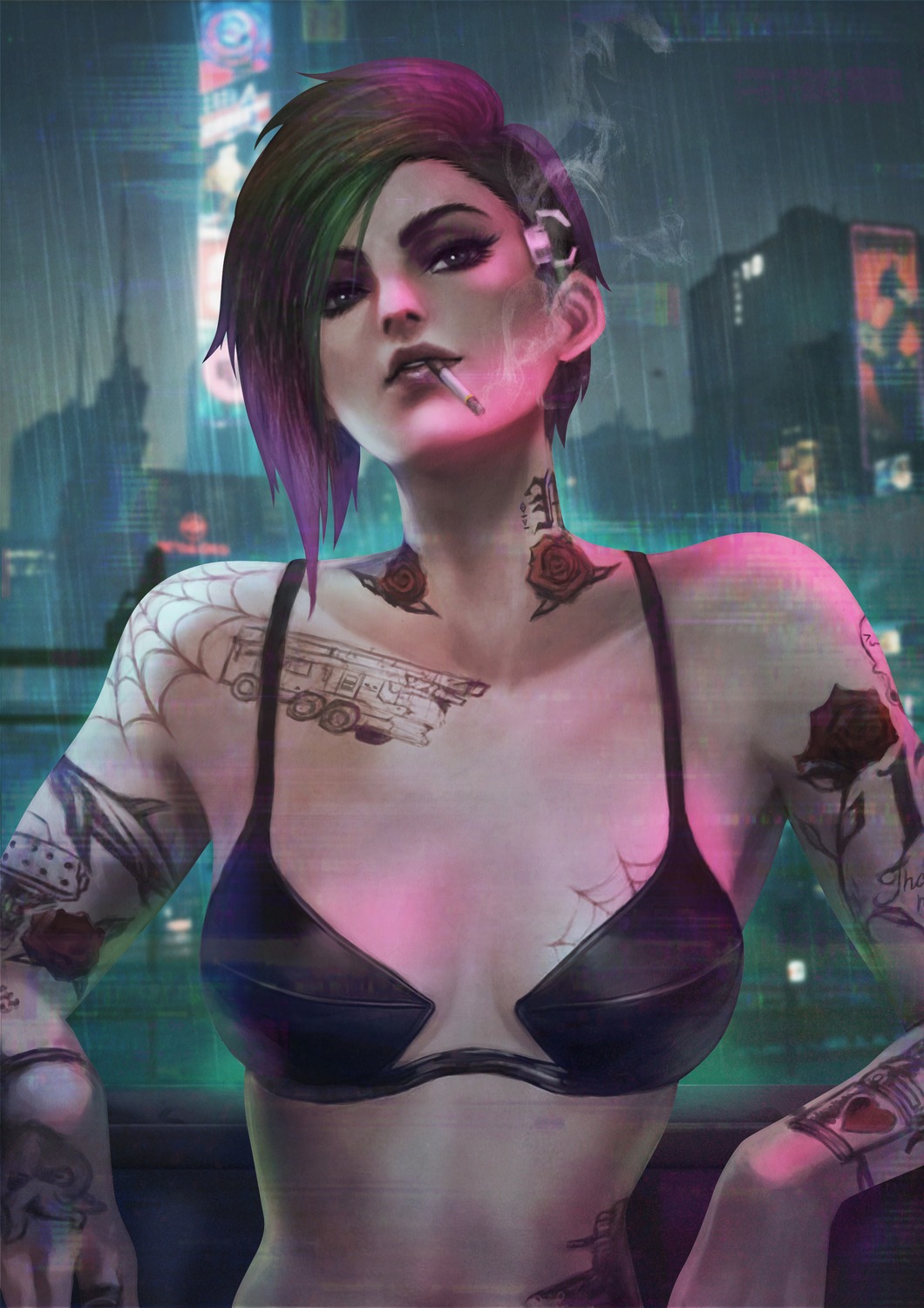 bra, cyberpunk_2077, judy_alvarez, monori_rogue, smoking, tattoo
