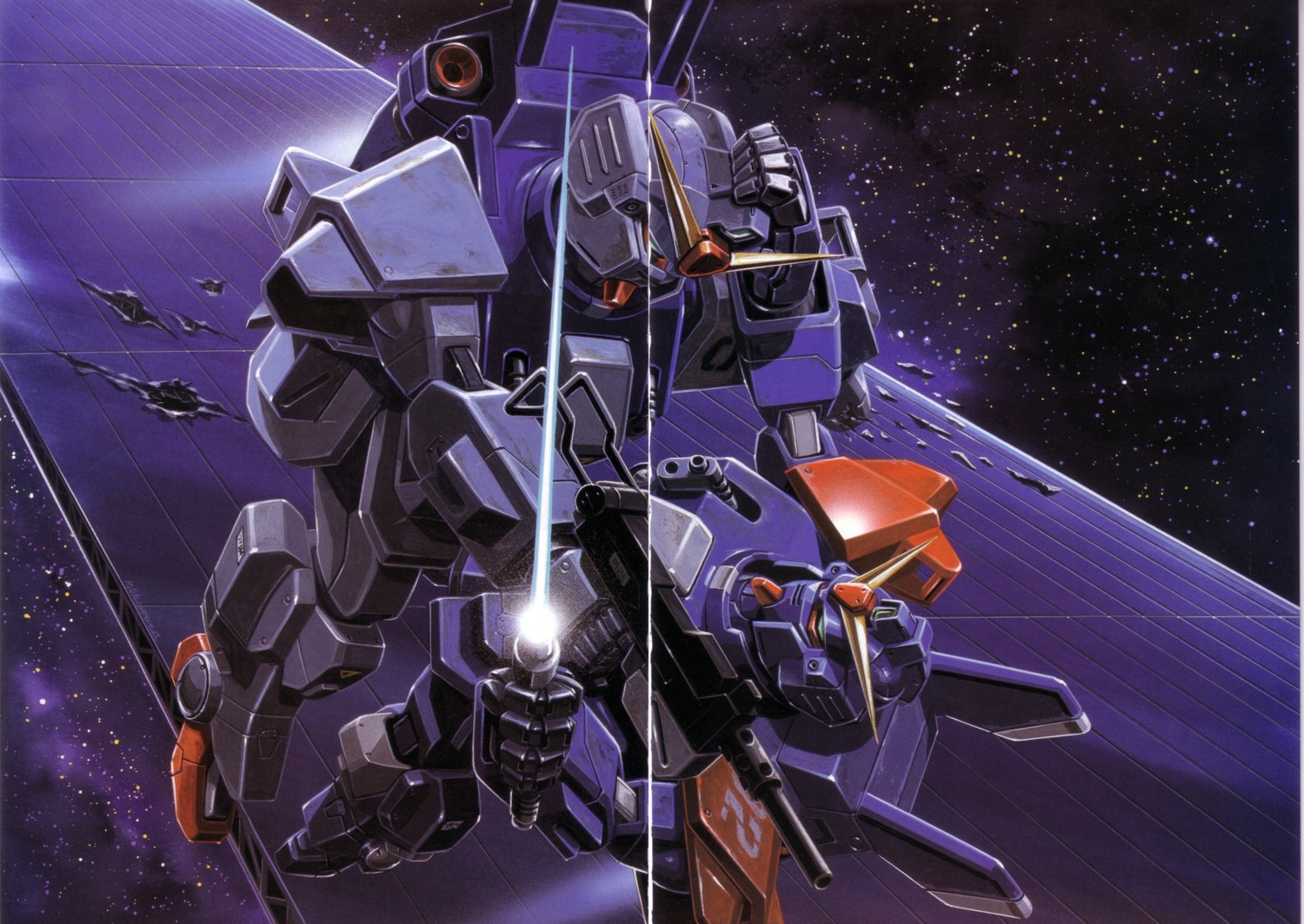gap, gun, gundam, gundam_side_story:_the_blue_destiny, mecha, okawara_kunio, rx-79bd-1_gm_blue_destiny_unit_2, rx-79bd-1_gm_blue_destiny_unit_3, sword