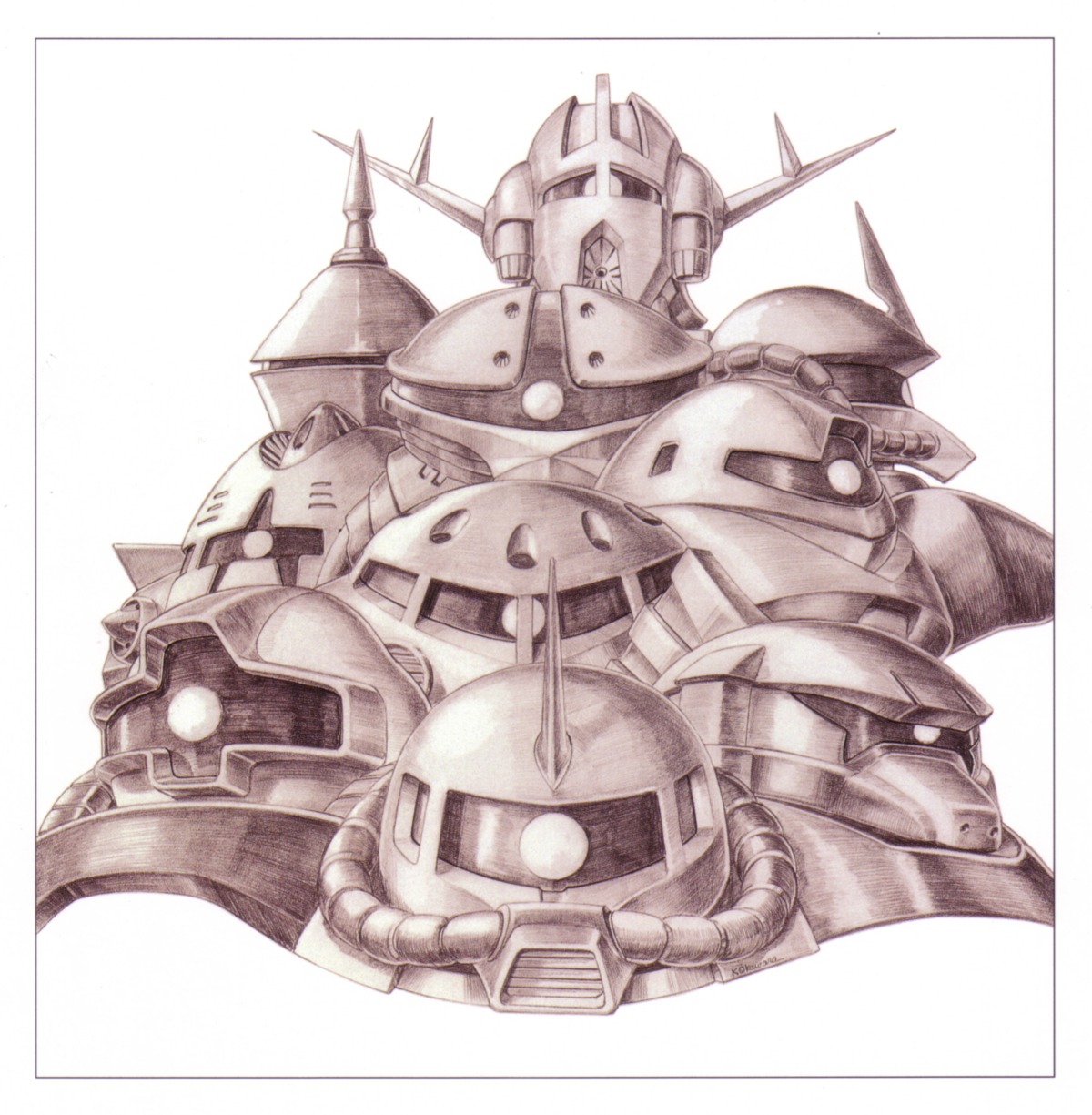 gelgoog, gouf, gundam, mecha, mobile_suit_gundam, ms-06_zaku_ii, ms-09_dom, okawara_kunio