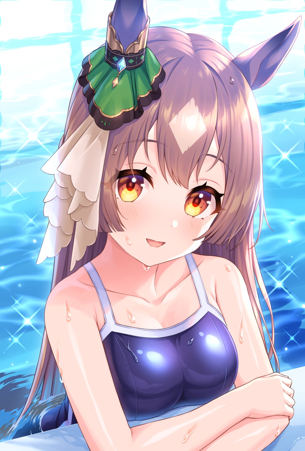 animal_ears, cleavage, satono_diamond_(umamusume), school_swimsuit, swimsuits, tomo_(tmtm_mf_mf), uma_musume_pretty_derby, wet