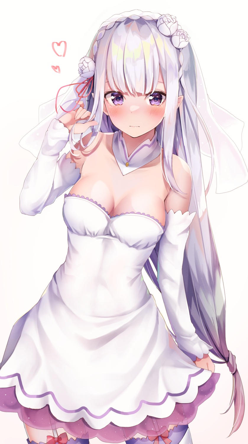 dress, elf, emilia_(re_zero), no_bra, pointy_ears, re:zero_kara_hajimeru_isekai_seikatsu, see_through, stockings