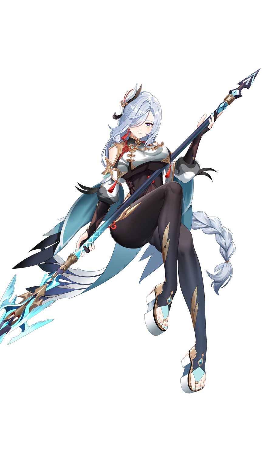 asian_clothes, bodysuit, genshin_impact, hamachi_hazuki, shenhe, weapon