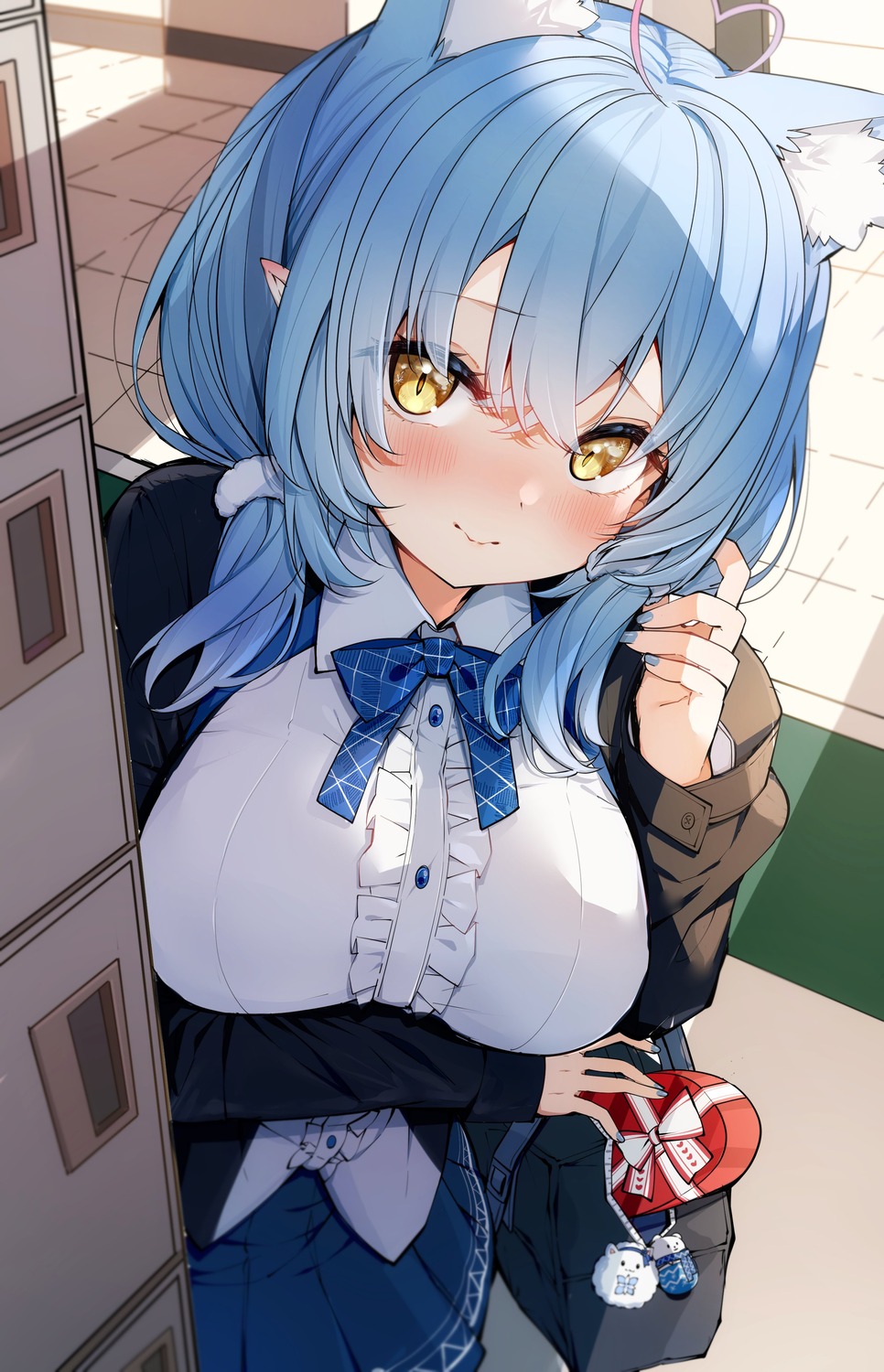 animal_ears, darjeeling_(reley), elf, hololive, nekomimi, pointy_ears, seifuku, valentine, yukihana_lamy