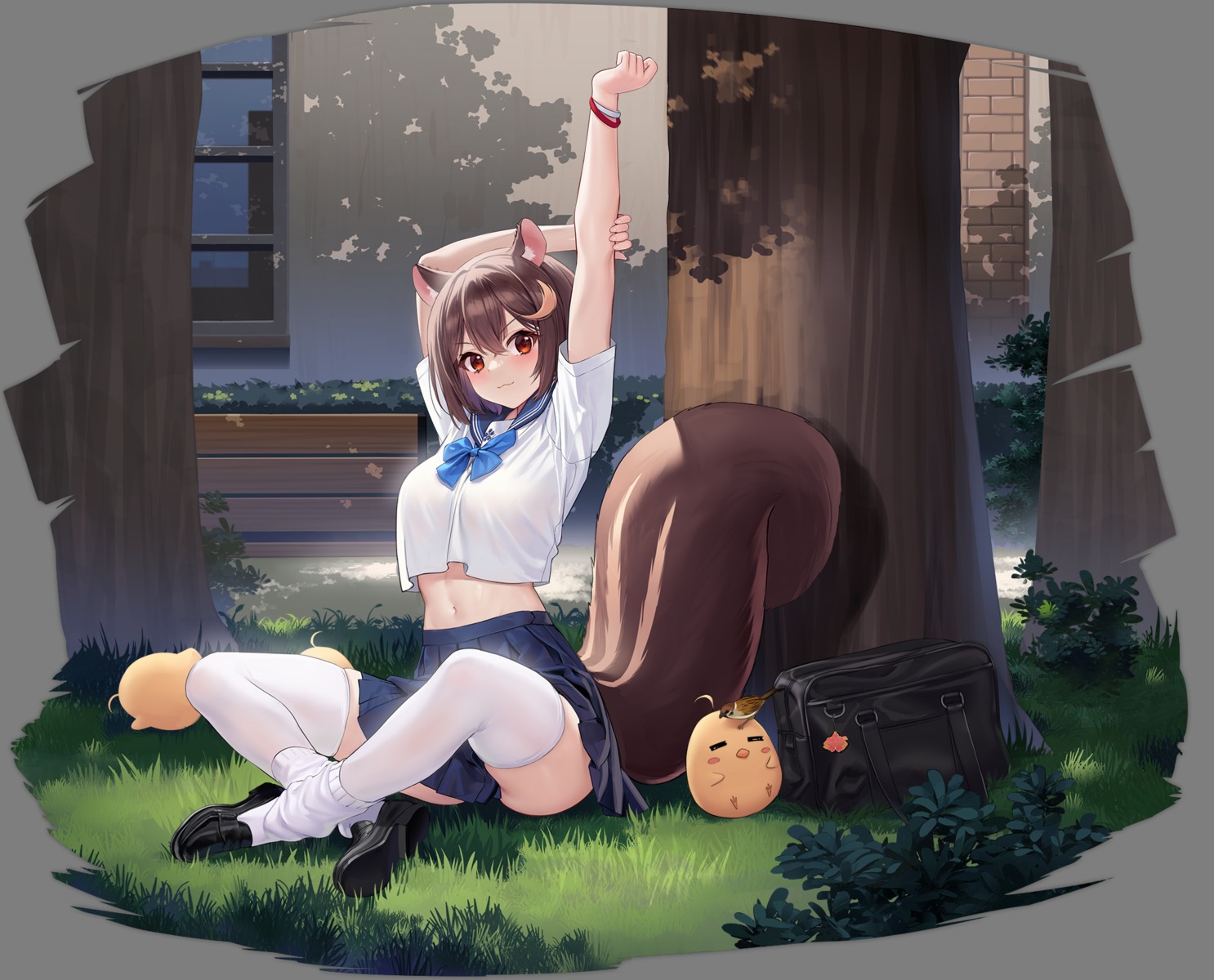 allenes, animal_ears, azur_lane, manjuu_(azur_lane), seifuku, tail, thighhighs, transparent_png, wakaba_(azur_lane)