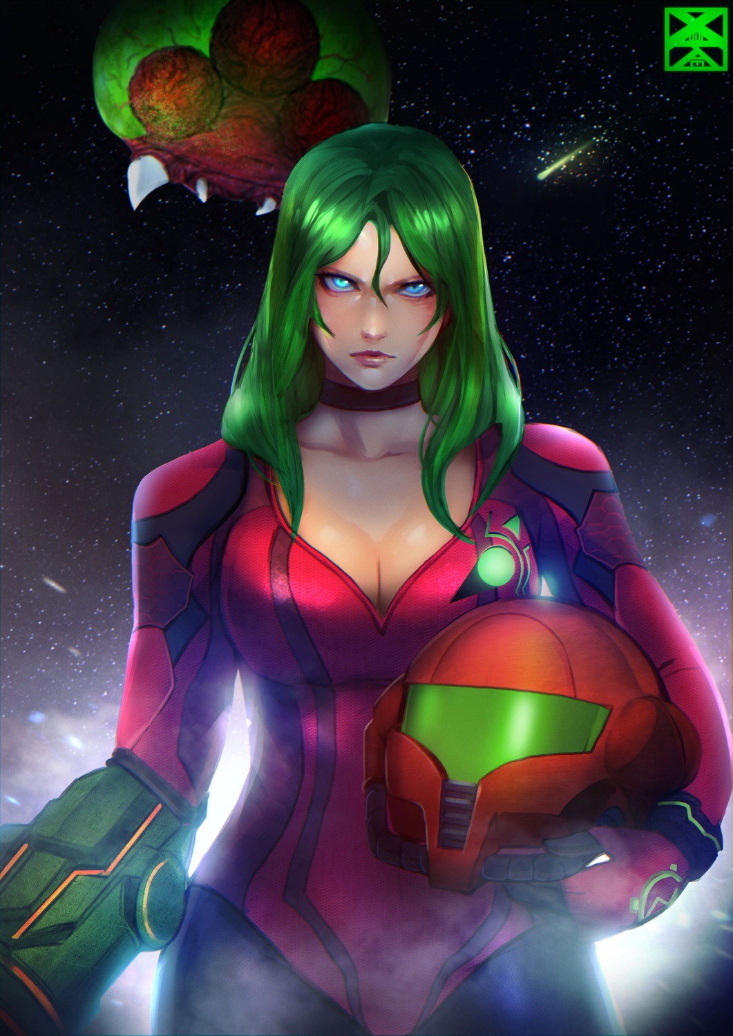bodysuit, cleavage, metroid, metroid_(creature), samus_aran, weapon, xuuikie_ashe