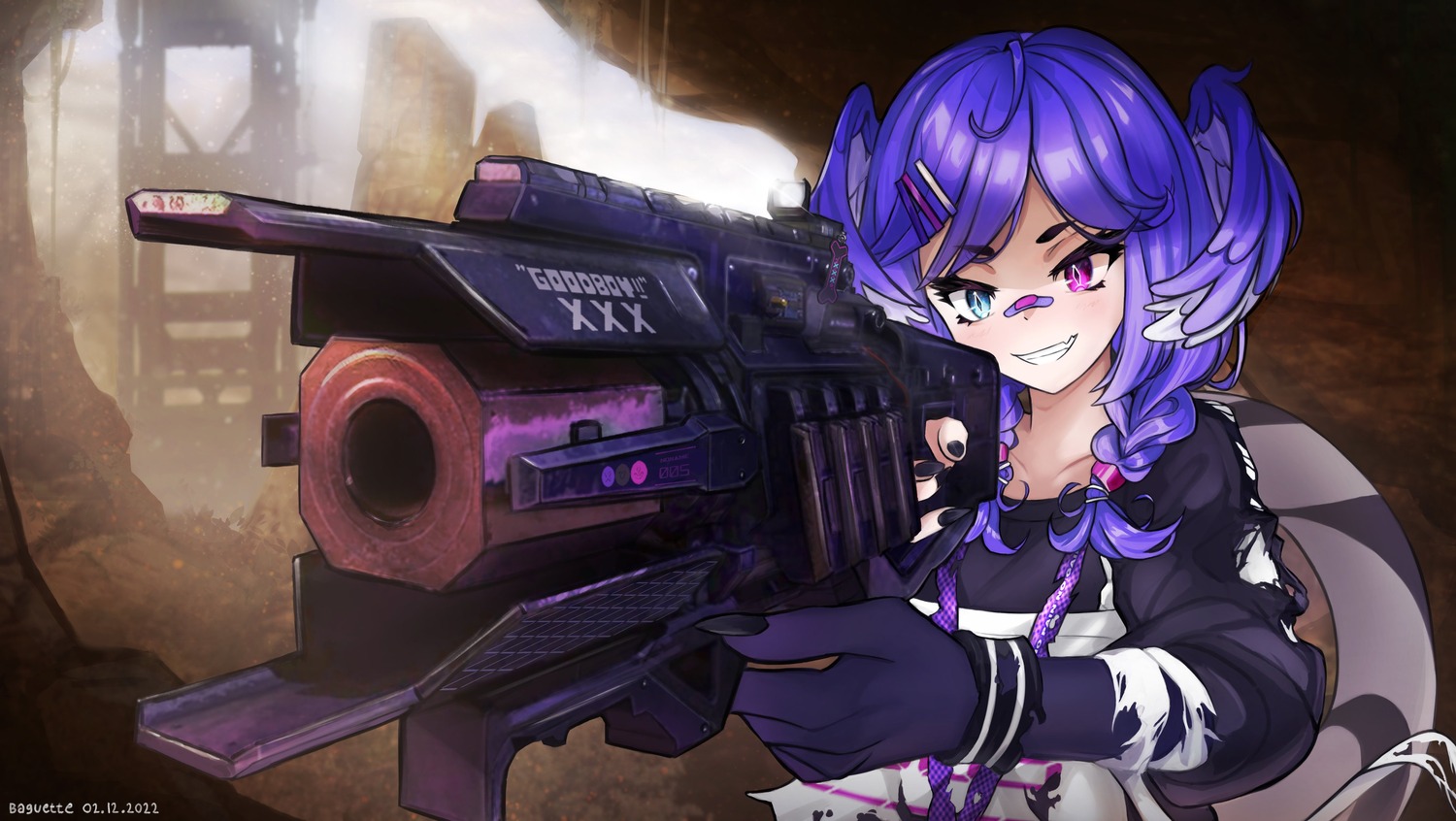 apex_legends, baguette_(vtuber)_(artist), bandaid, gun, heterochromia, nijisanji, nijisanji_en, selen_tatsuki