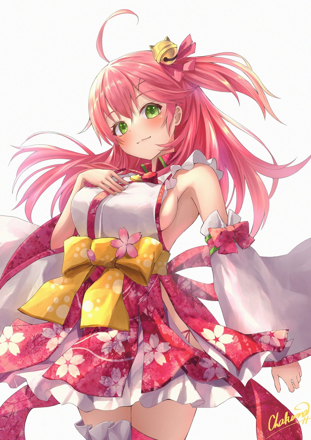 chakuma, hololive, japanese_clothes, no_bra, sakura_miko, thighhighs