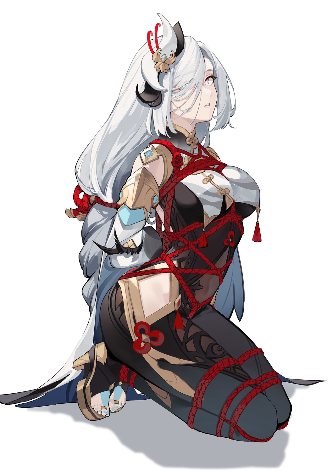 asian_clothes, bodysuit, bondage, genshin_impact, heels, shenhe, shijiuqaq