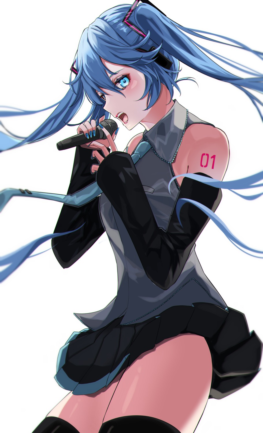 hatsune_miku, headphones, nigori_(keydoor), skirt_lift, tattoo, thighhighs, vocaloid