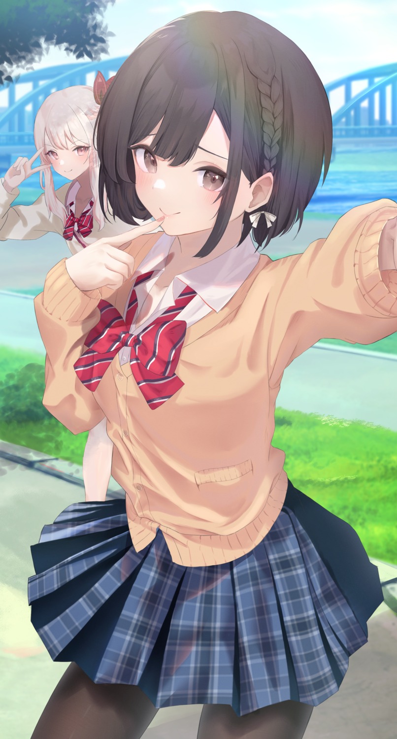 akiyama_mizuki, daily_(daily178900), pantyhose, project_sekai, seifuku, selfie, shinonome_ena, sweater