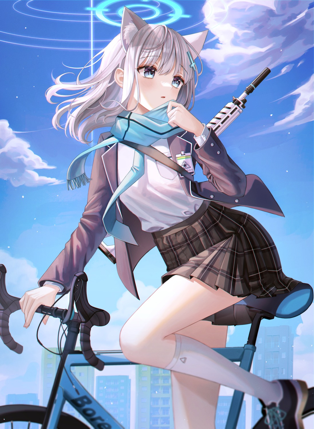 animal_ears, blue_archive, gun, halo, nekomimi, seifuku, sunaookami_shiroko, wolla