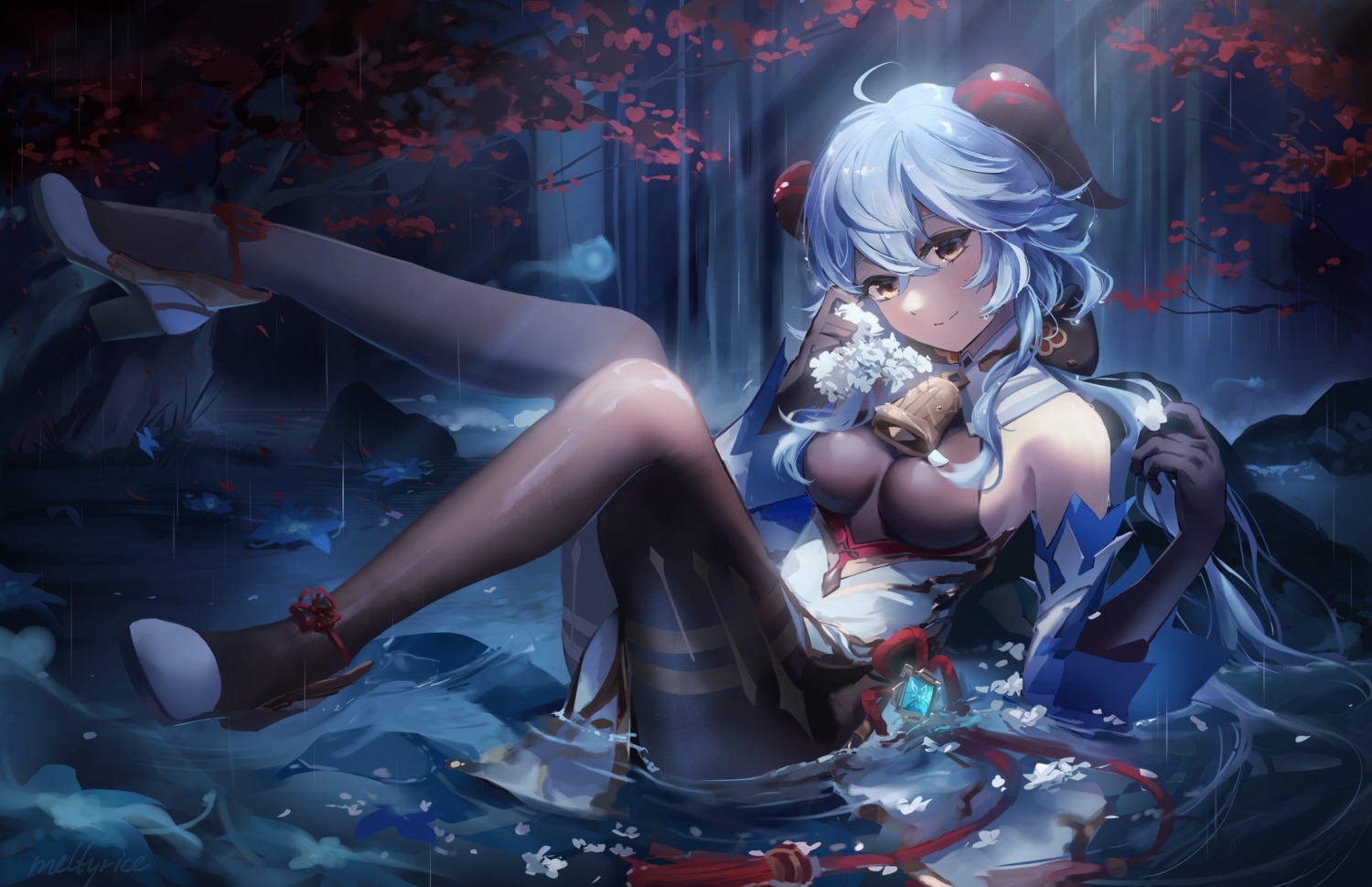 asian_clothes, ganyu, genshin_impact, heels, horns, meltyrice, wet