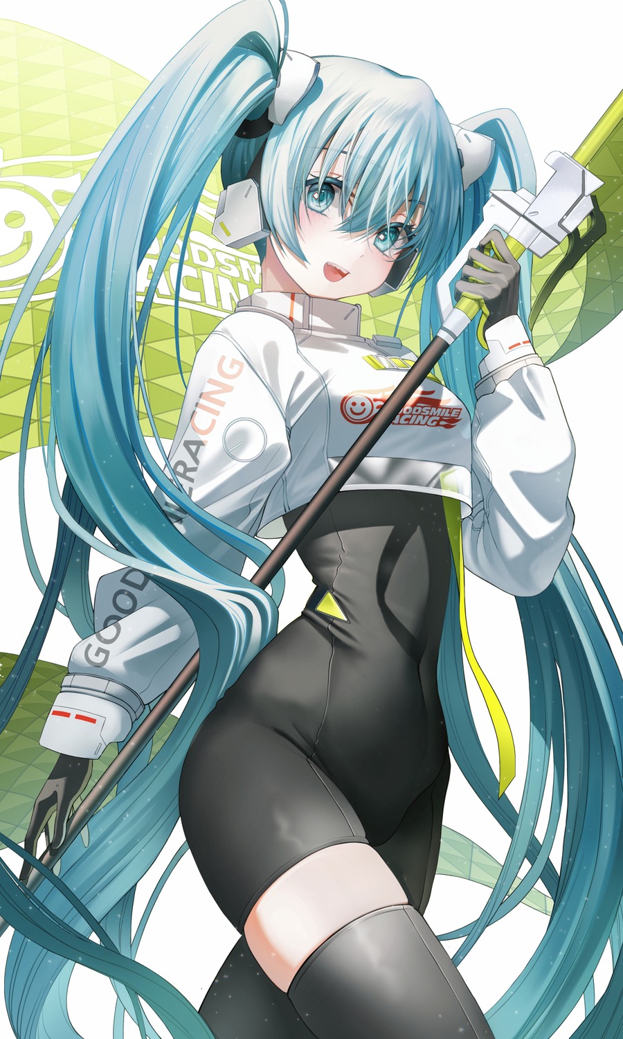 bodysuit, goodsmile_racing, hatsune_miku, headphones, liso, racing_miku, thighhighs, vocaloid