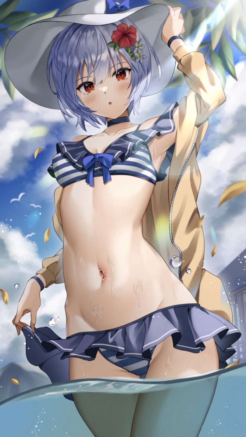 @shun, ayanami_rei, bikini, neon_genesis_evangelion, open_shirt, skirt_lift, swimsuits, wet