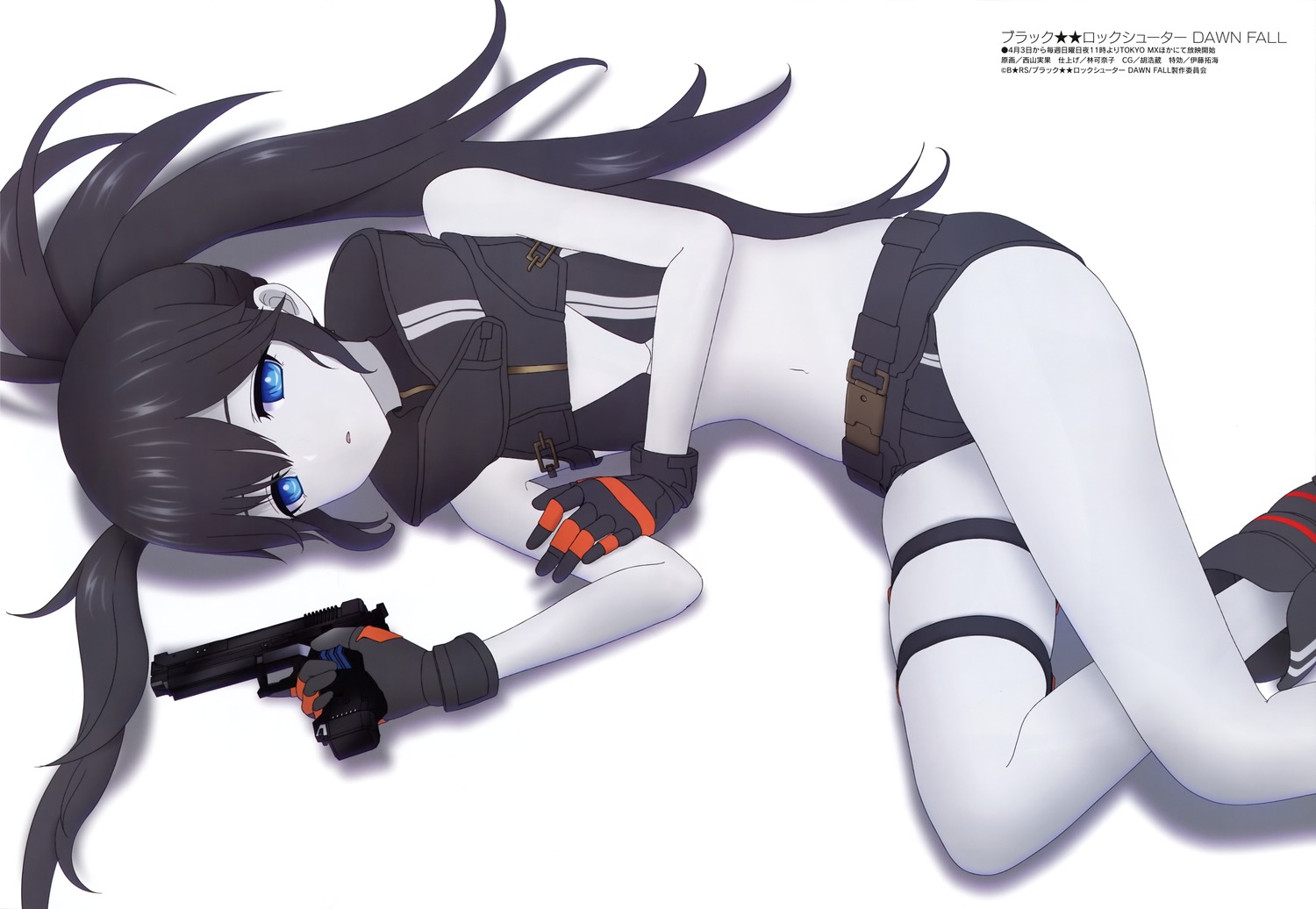 bikini_top, black_rock_shooter, black_rock_shooter_(character), black_rock_shooter_down_fall, garter, gun, nishiyama_mika, swimsuits