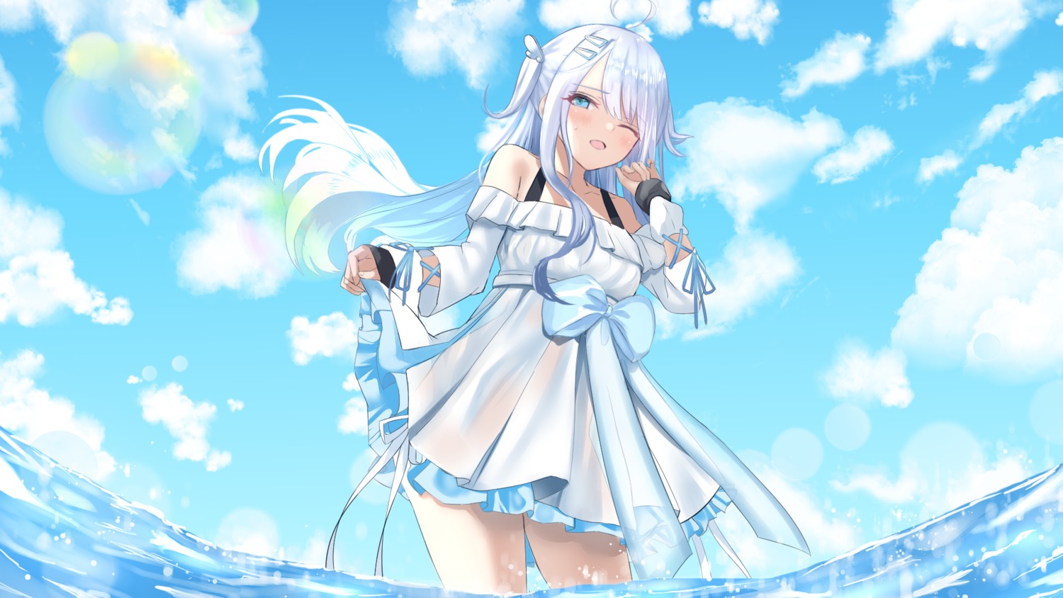 dress, kesoshirou, see_through, skirt_lift, wallpaper, wet