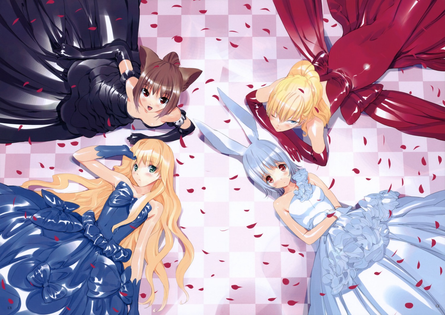 alice, alice_in_wonderland, animal_ears, bunny_ears, cheshire_cat, dress, fancy_fantasia, march_hare, nekomimi, queen_of_hearts, ueda_ryou