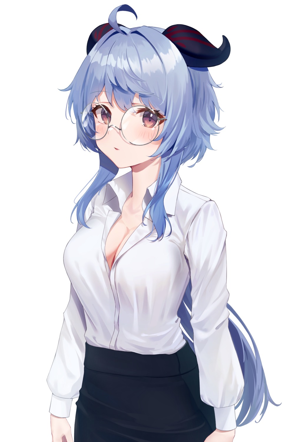 cleavage, dress_shirt, ganyu, genshin_impact, horns, megane, open_shirt, shands