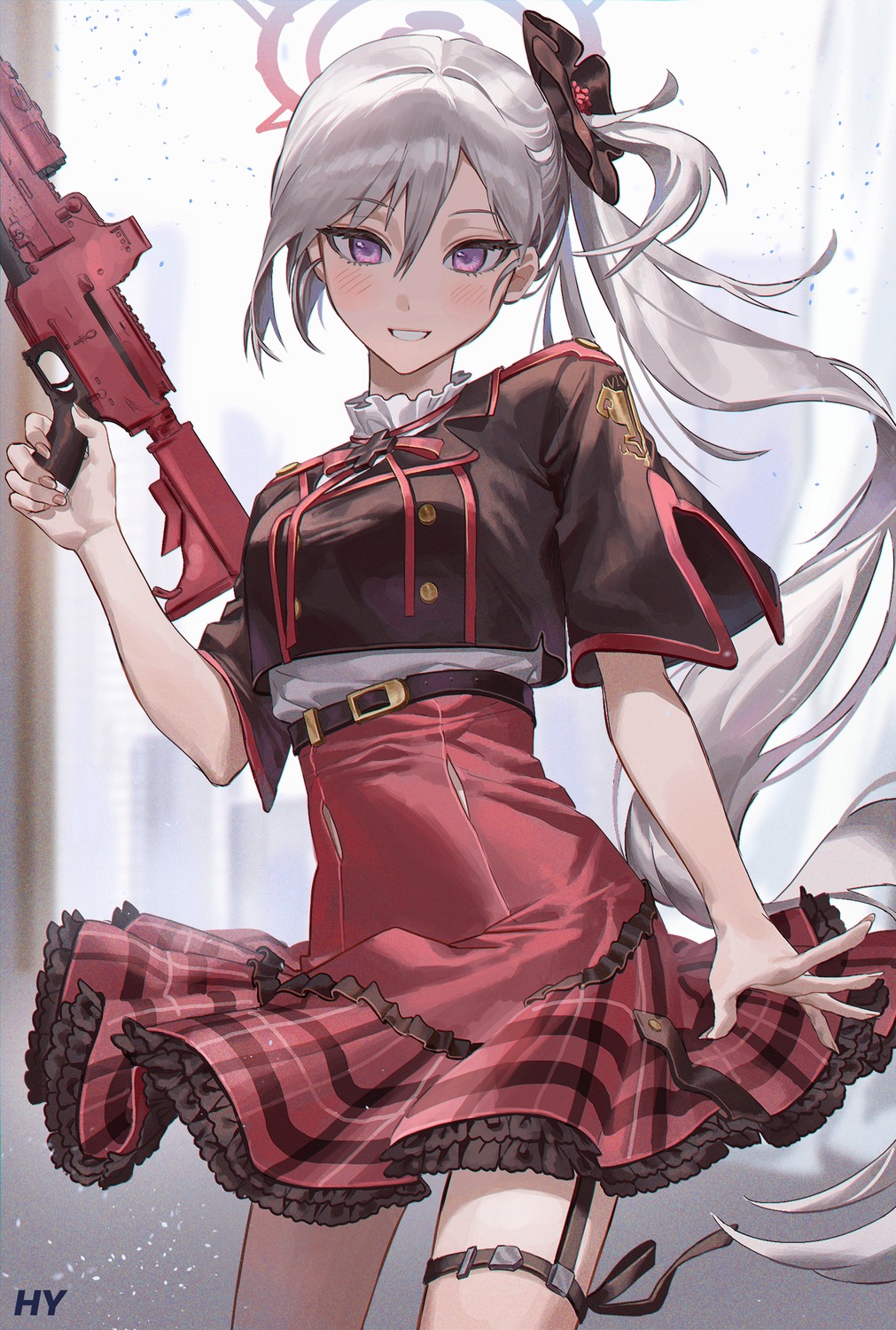 asagi_mutsuki, blue_archive, garter, gun, halo, hy_(hem_oo), skirt_lift, uniform