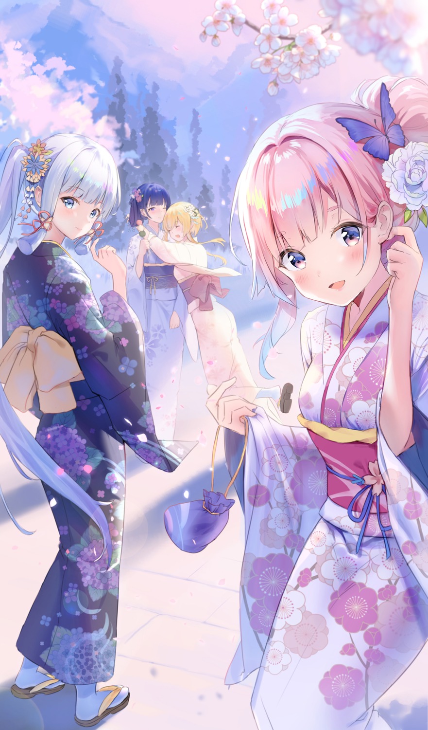 azusa_(980650076), genshin_impact, kamisato_ayaka, kimono, lumine, raiden_shogun, sangonomiya_kokomi