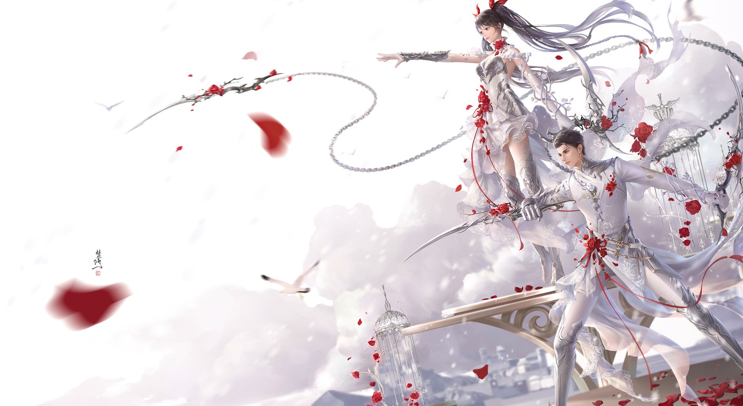 armor, dress, fan_xiu, sword, thighhighs, tian_yu