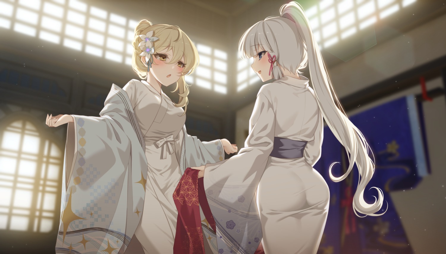 ass, genshin_impact, ia_(ias1010), kamisato_ayaka, kimono, lumine