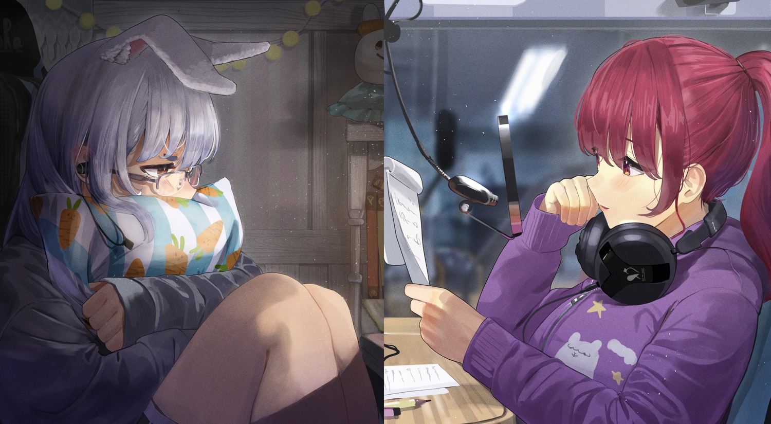 animal_ears, bunny_ears, headphones, hololive, houshou_marine, megane, tatedano_kabae, usada_pekora
