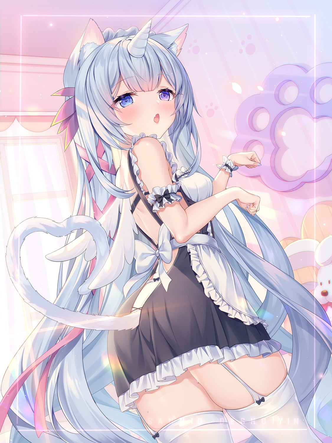 animal_ears, garter_belt, heterochromia, horns, kugimiya_ninico, maid, nekomimi, ninico_channel, pantsu, sannio, stockings, tail, thighhighs, wings