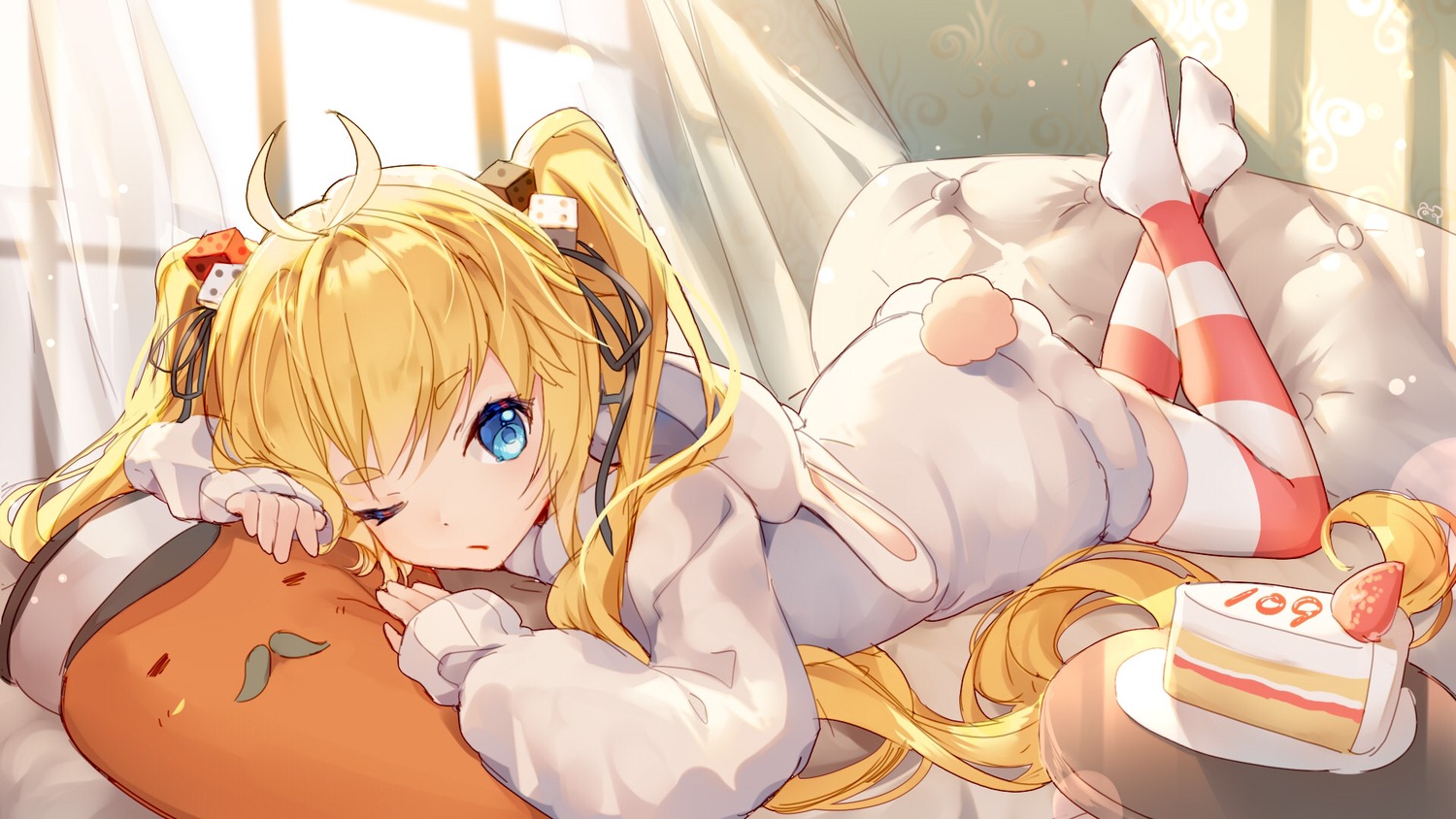 andrea_doria_(zhanjianshaonv), animal_ears, bison_cangshu, bunny_ears, pajama, sweater, tail, thighhighs