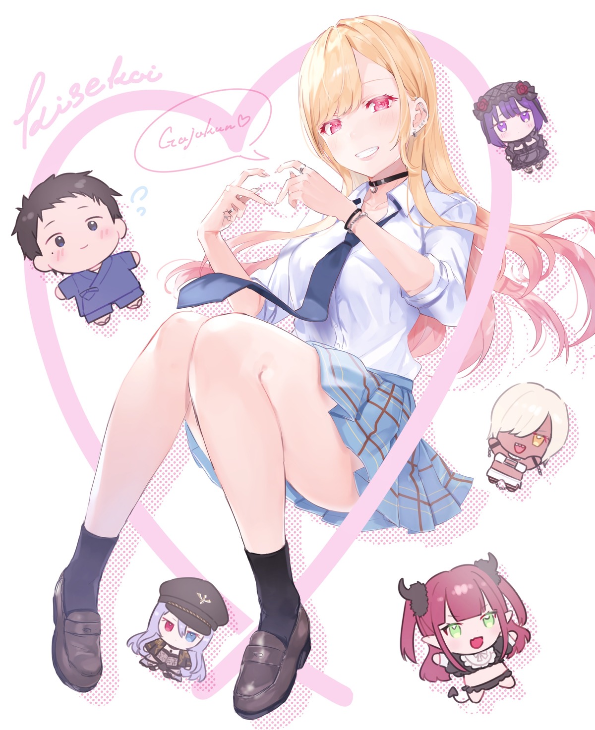 chibi, gojou_wakana, gothic_lolita, heterochromia, horns, japanese_clothes, kitagawa_marin, kuroe_shizuku, liz_(kisekoi), lolita_fashion, nikaidou_neon, pantsu, pointy_ears, seifuku, sono_bisque_doll_wa_koi_wo_suru, tail, usagiplanet7, veronica_(kisekoi)