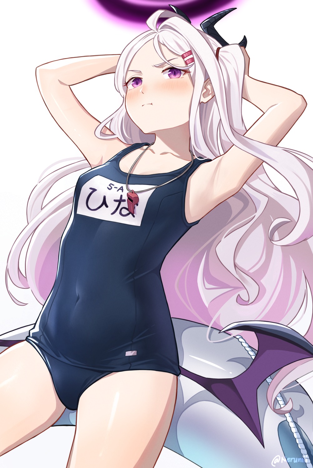 blue_archive, devil, halo, horns, nuebunny, school_swimsuit, sorasaki_hina, swimsuits, wings