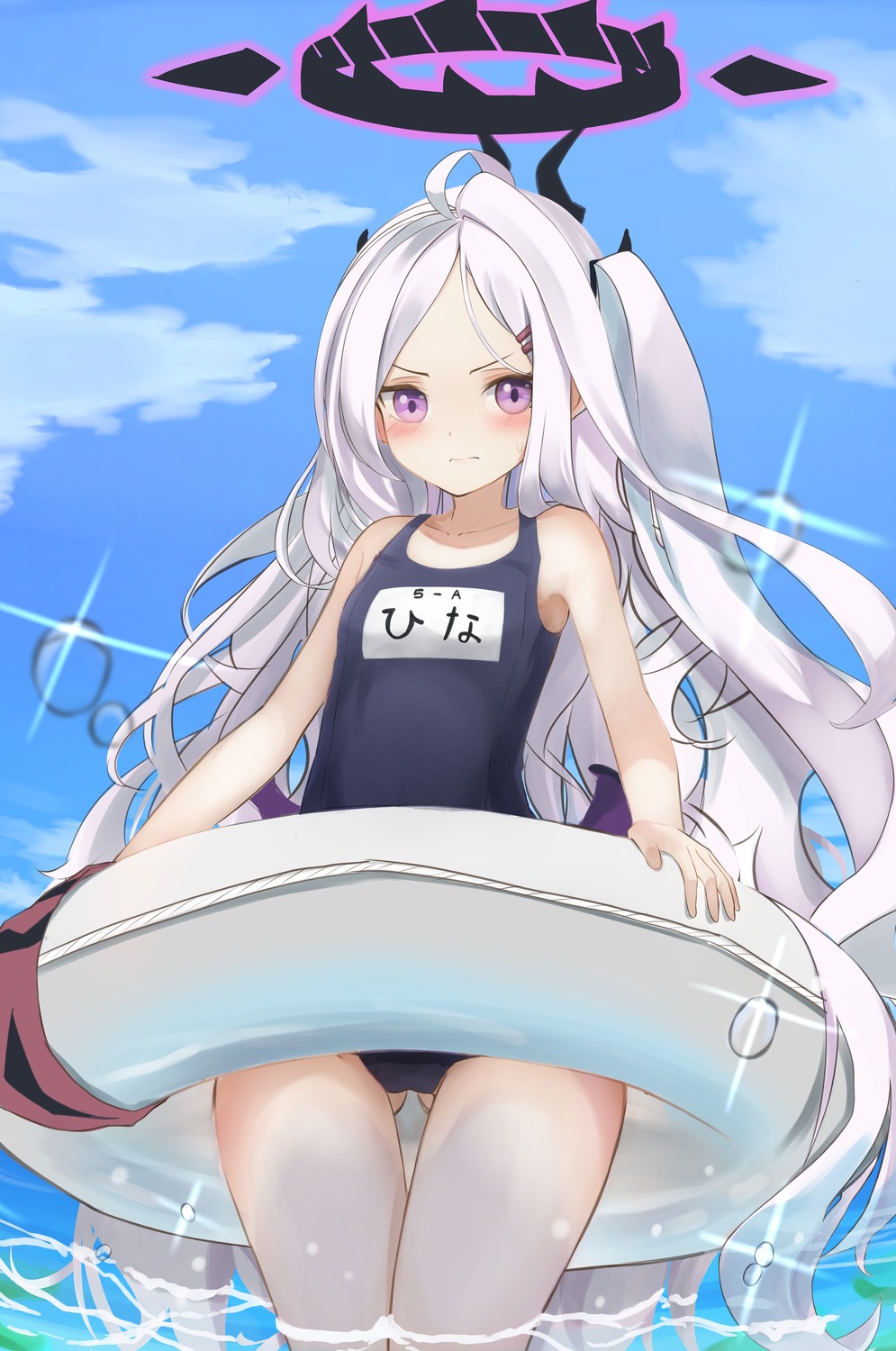 blue_archive, devil, halo, horns, micchamu, school_swimsuit, sorasaki_hina, swimsuits, wet, wings