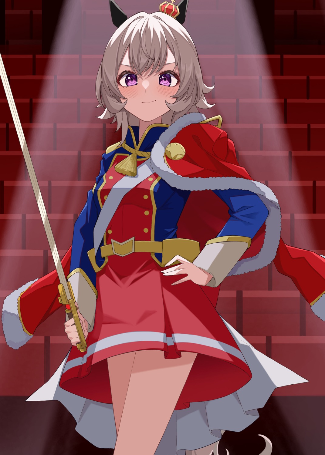 aijou_karen, animal_ears, cosplay, curren_chan_(umamusume), nagaburo_imoni, shoujo_kageki_revue_starlight, sword, tail, uma_musume_pretty_derby, uniform