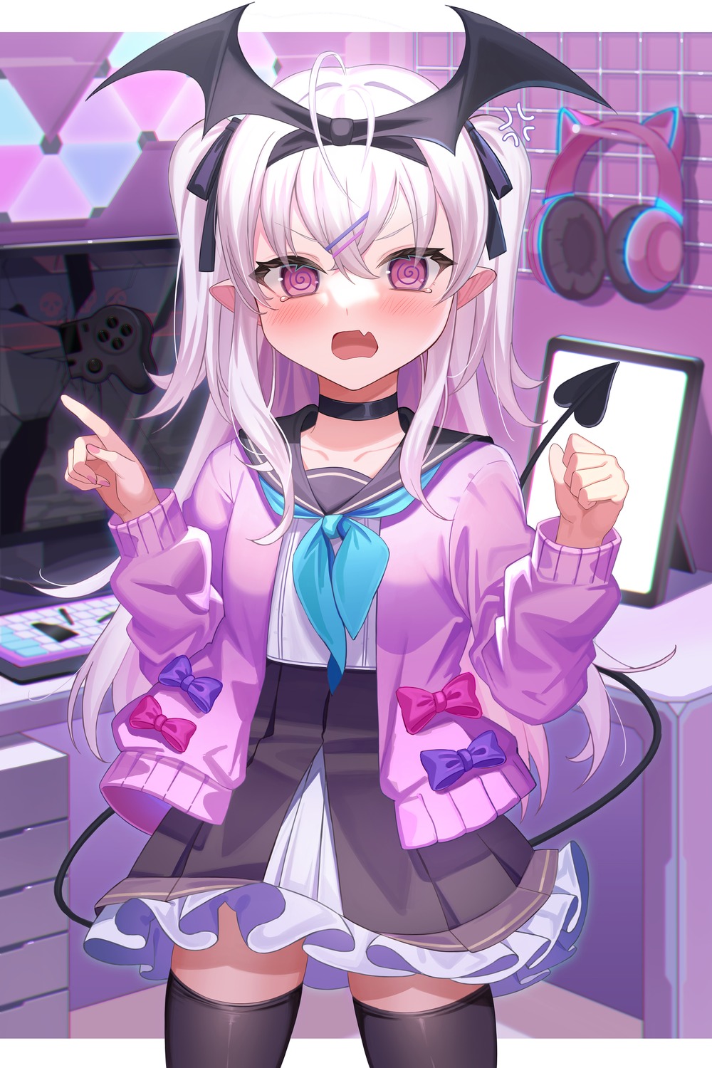 amahara_subaru, animal_ears, headphones, nekomimi, pointy_ears, seifuku, sweater, tail