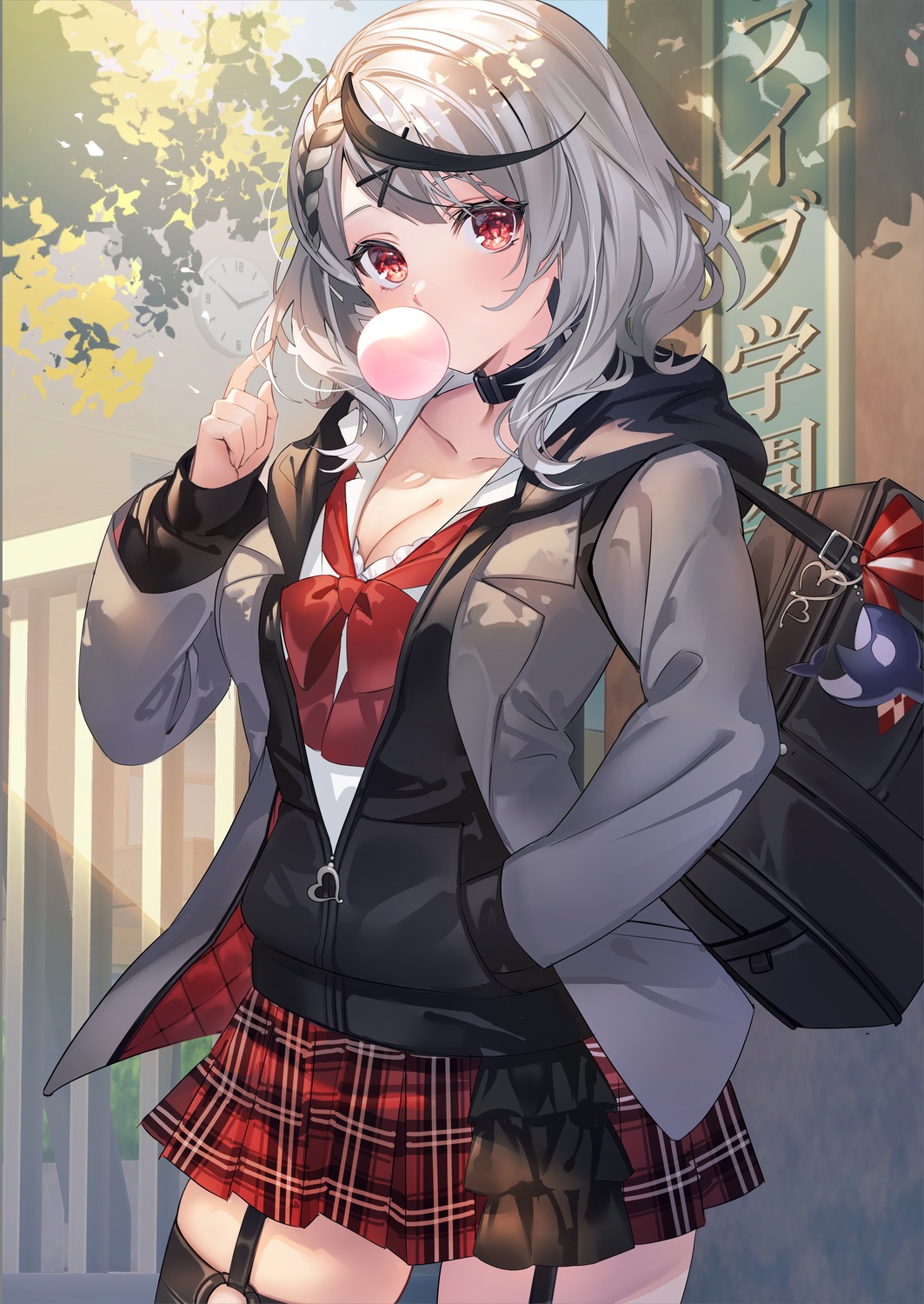 cleavage, hololive, noir_eku, sakamata_chloe, seifuku, stockings, thighhighs