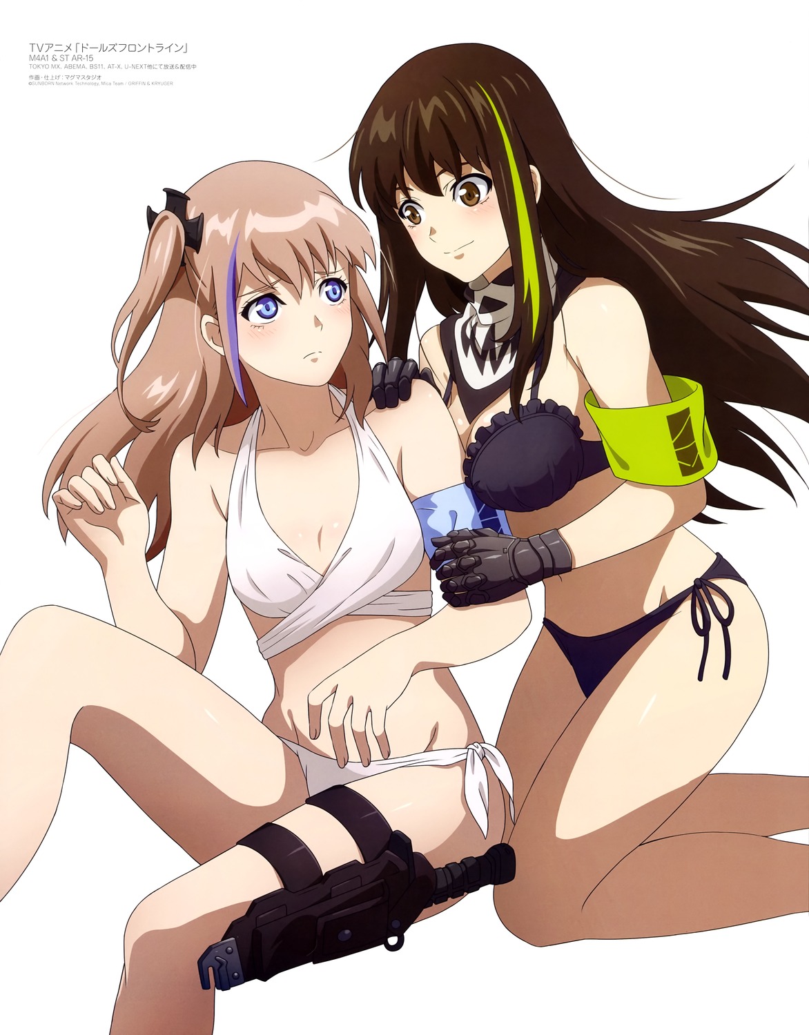 bikini, cleavage, garter, girls_frontline, m4a1_(girls_frontline), magma_studio, st_ar-15_(girls_frontline), swimsuits, weapon, yuri