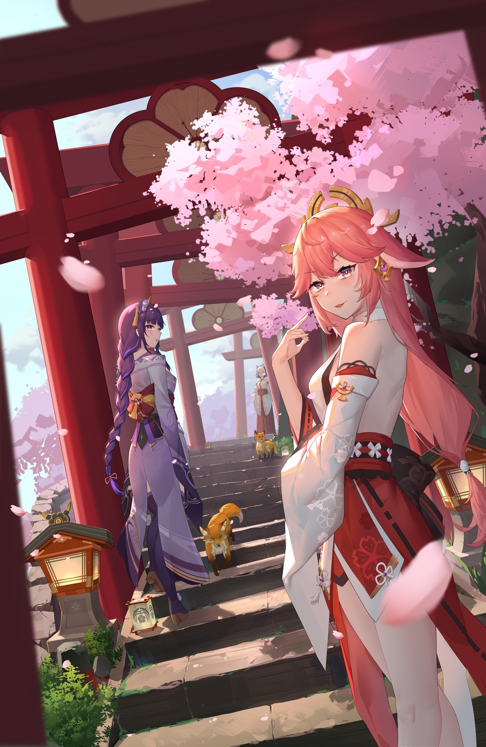animal_ears, genshin_impact, heels, japanese_clothes, kitsune, miko, mouma, no_bra