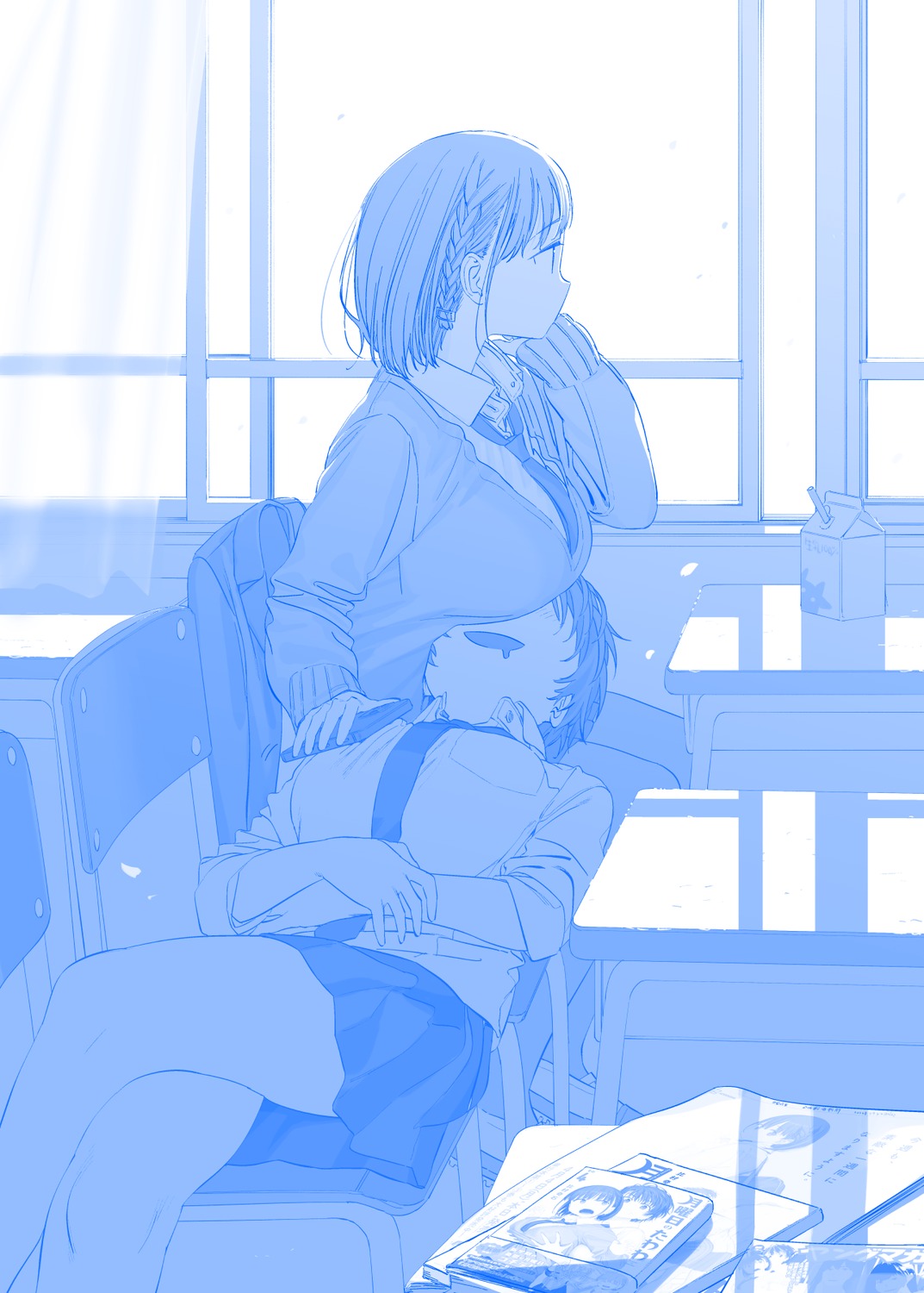 ai-chan_(getsuyoubi_no_tawawa), getsuyoubi_no_tawawa, himura_kiseki, monochrome, seifuku, sweater, volley-bu-chan, yuri