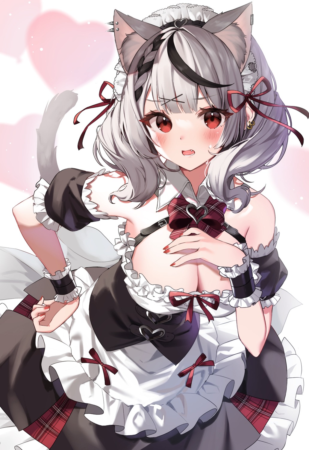 animal_ears, cleavage, hololive, maid, masyu_jyaga, nekomimi, no_bra, sakamata_chloe, tail