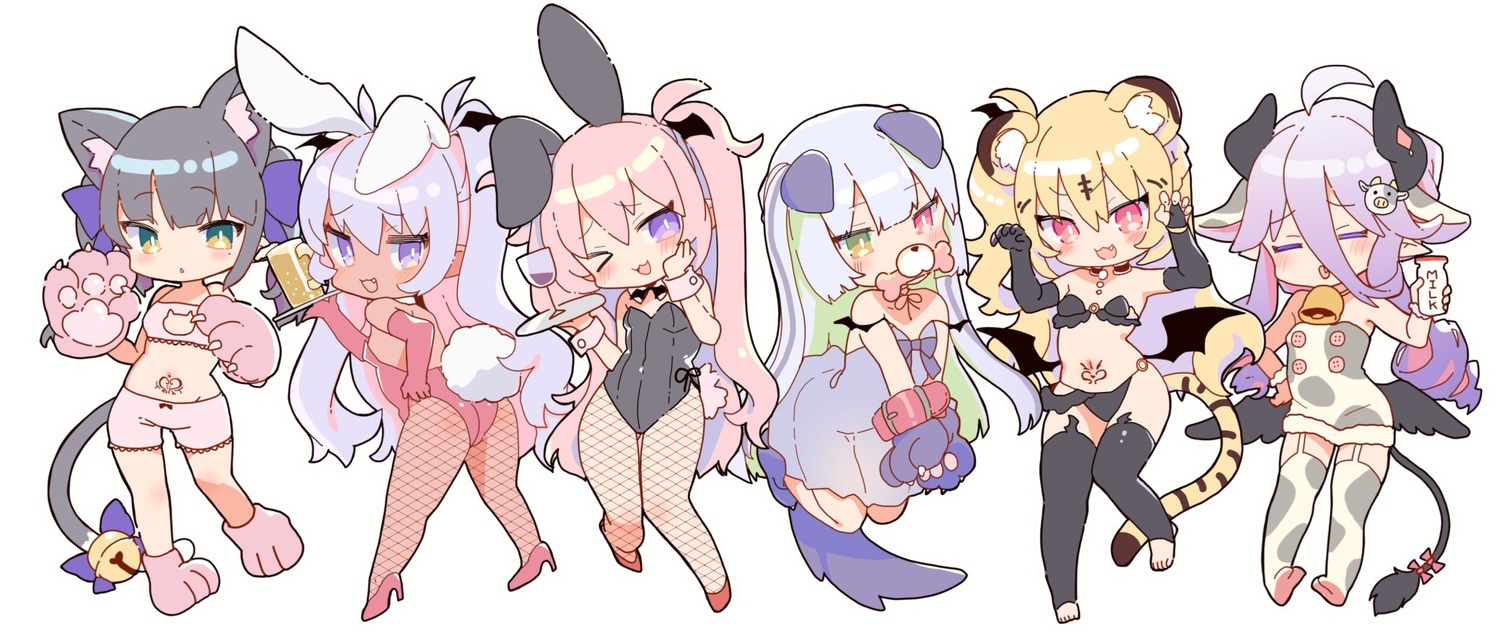 animal_ears, bunny_ears, bunny_girl, chibi, chloe_lilithtera, fishnets, heels, heterochromia, hippeastrum_hybridum, iga_sutora, inumimi, miuccia_mia_lilithtera, nekomimi, stockings, tail, tamano_kedama, thighhighs, tiffany_lilithtera