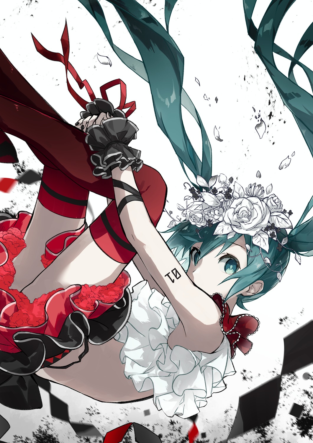 hatsune_miku, skirt_lift, tattoo, thighhighs, vocaloid, yohki