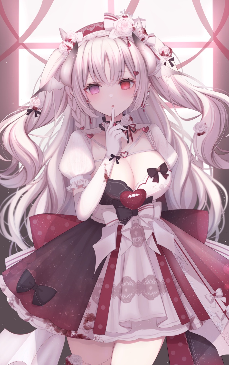 blood, cleavage, heterochromia, horns, komari_mhy, pointy_ears
