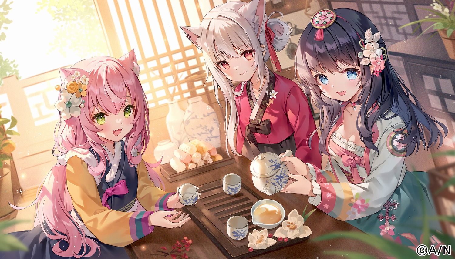 animal_ears, asian_clothes, cleavage, nekomimi, yeonwa