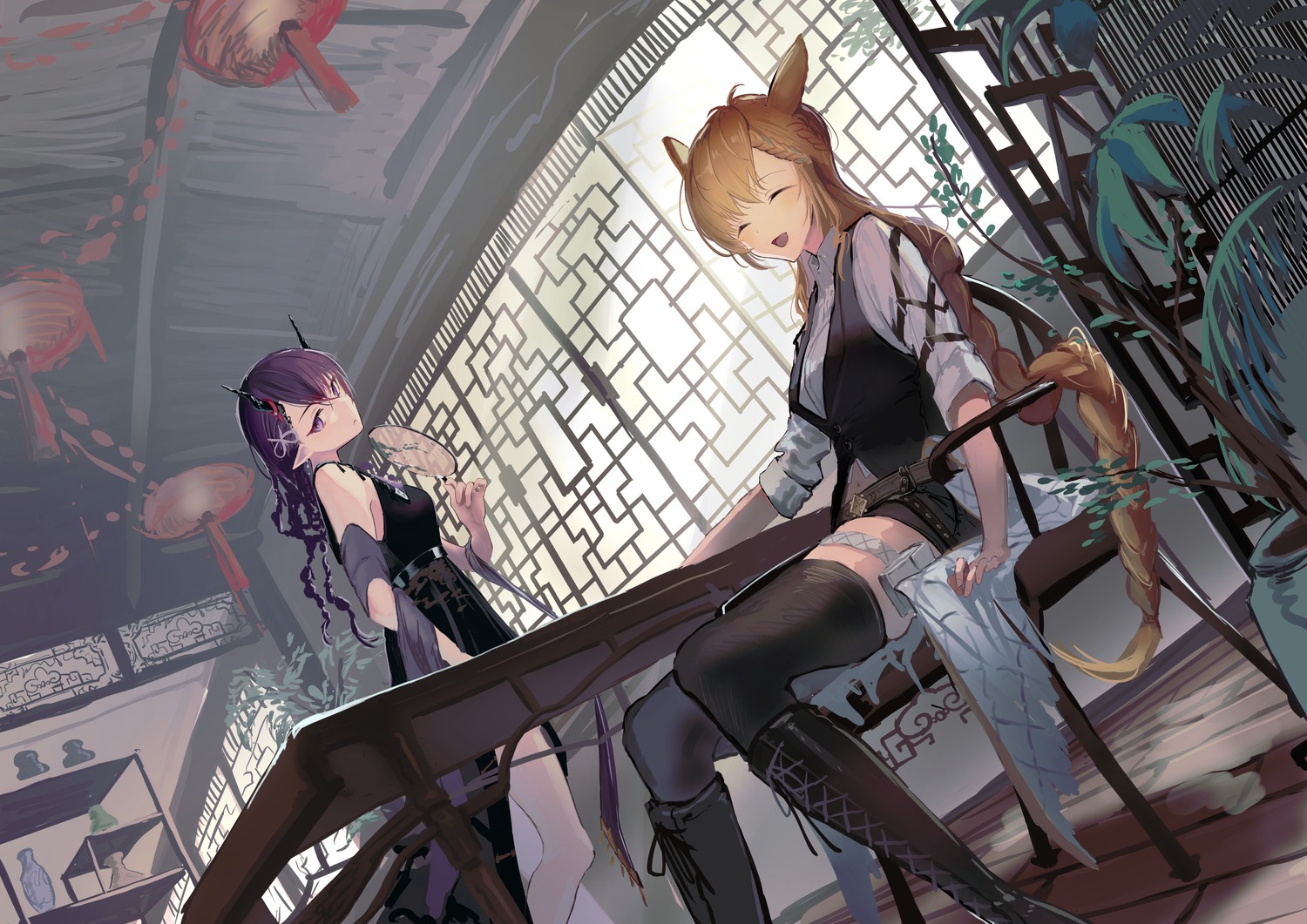 animal_ears, arknights, dress, horns, kroos_(arknights), lava_(arknights), natsuba002, pointy_ears, thighhighs