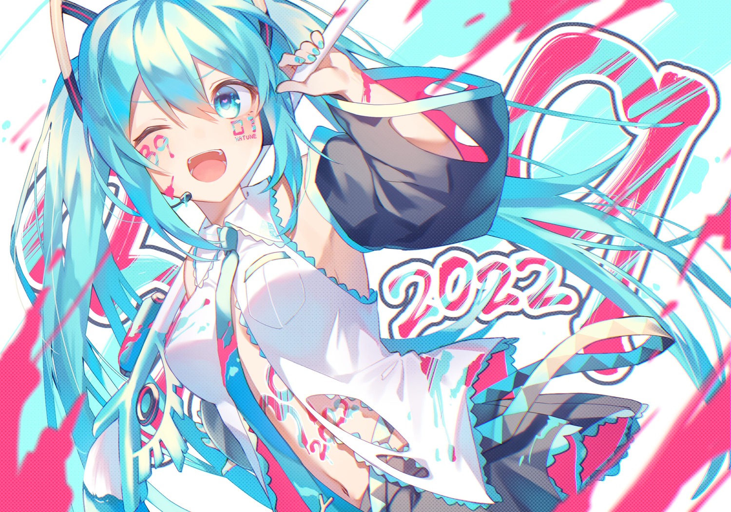 hatsune_miku, kurobikari, no_bra, open_shirt, tattoo, torn_clothes, vocaloid
