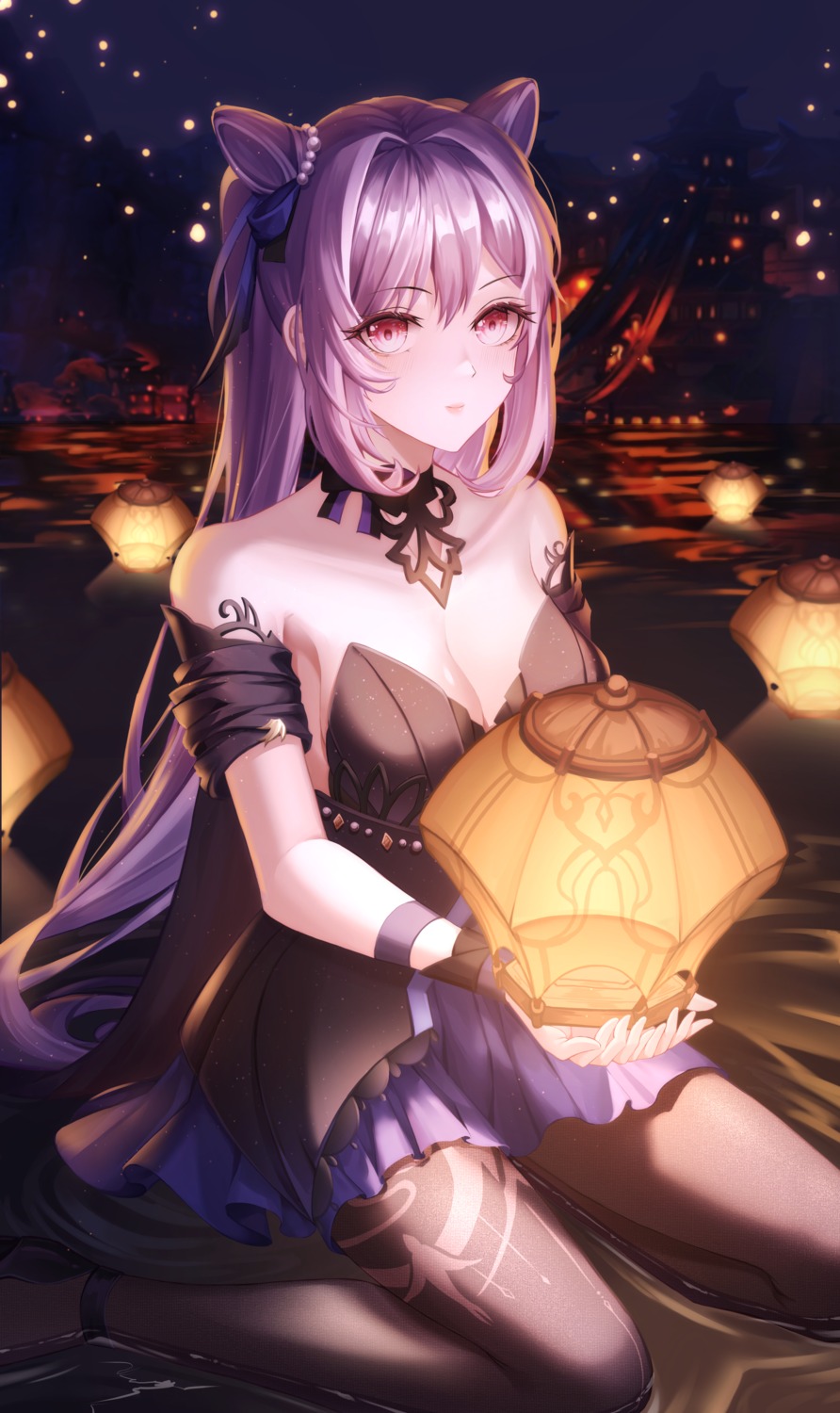 cleavage, dress, genshin_impact, ha_yusa, keqing, no_bra, pantyhose, wet