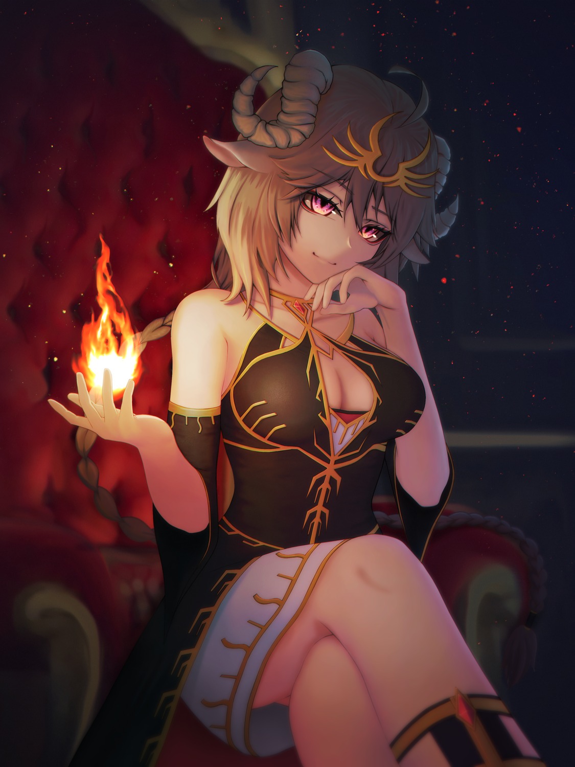 absurd_fox, animal_ears, arknights, cleavage, eyjafjalla_(arknights), horns